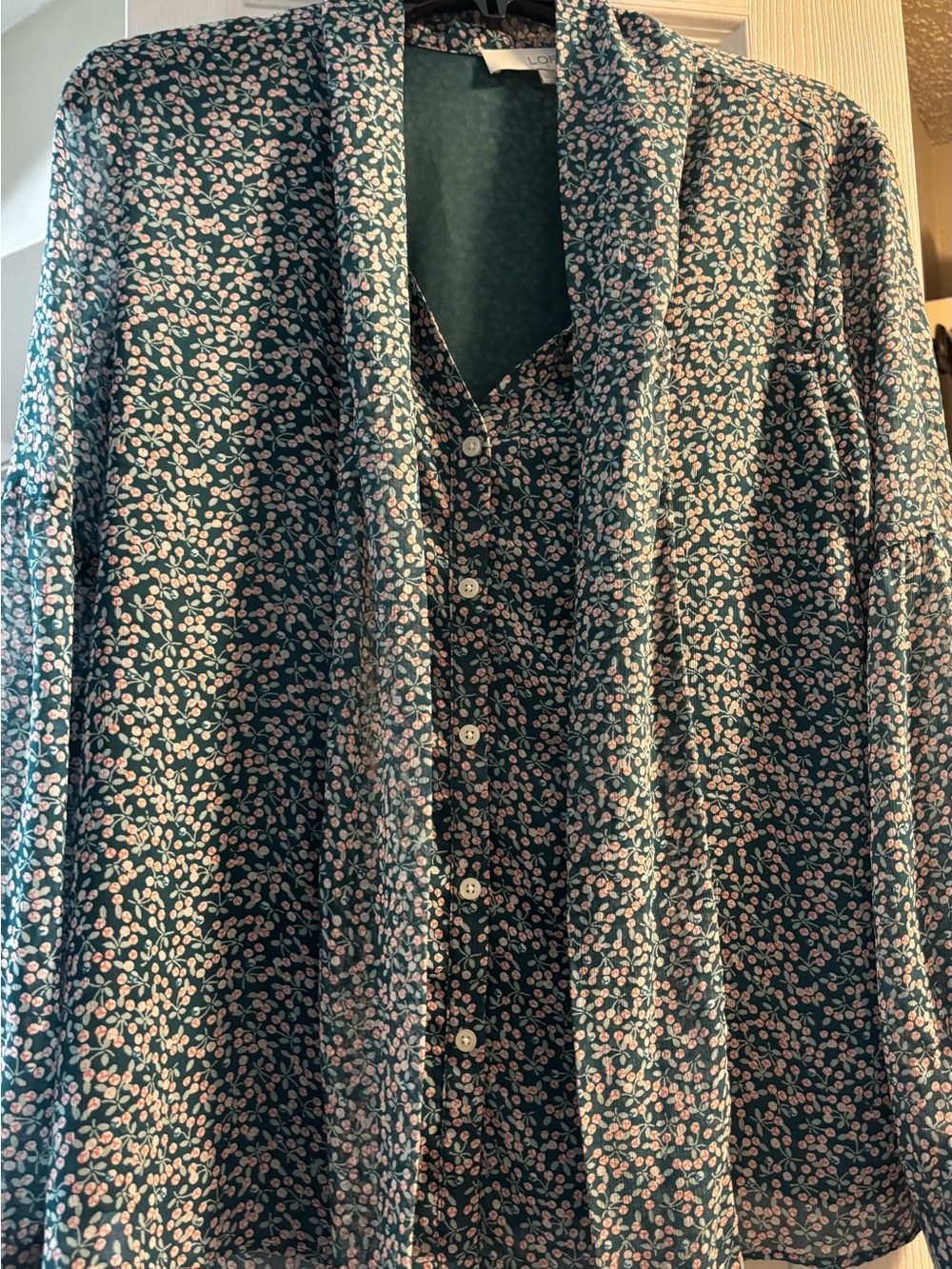 LOFT Teal Floral Button-Front Blouse with Pink Accents - Picture 3 of 5